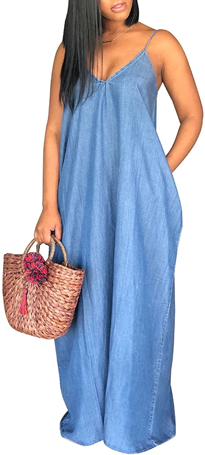 Womens Summer Spaghetti Strap Dresses Casual Denim Deep V Neck Loose Maxi Dress