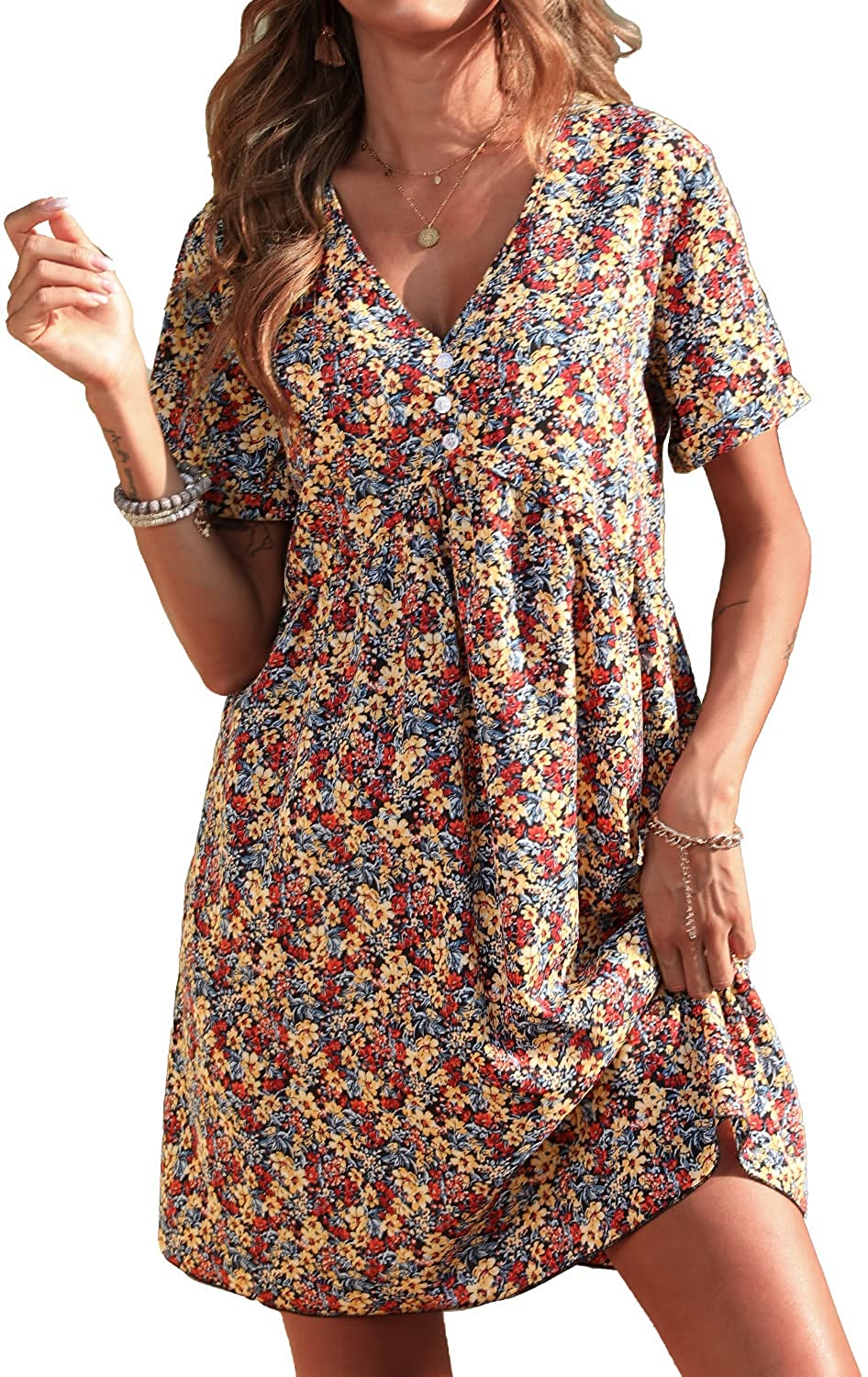Summer Dress for Women Short Sleeve V Neck Ruffled Floral Swing A-Line Dresses