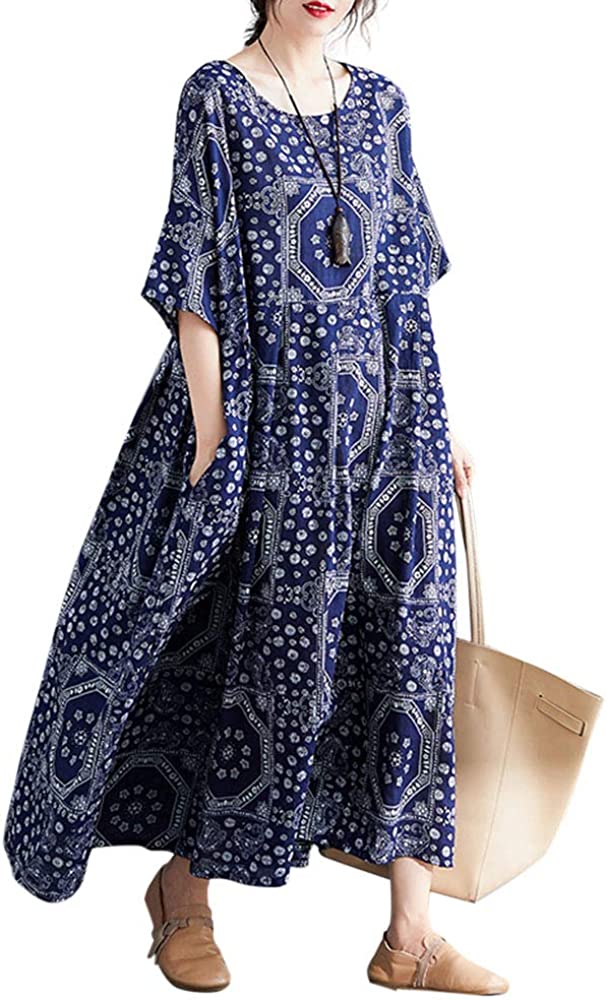 Women Loose Cotton Linen Dress Mixed Print Boho Maxi Swing House Dress with Pockets