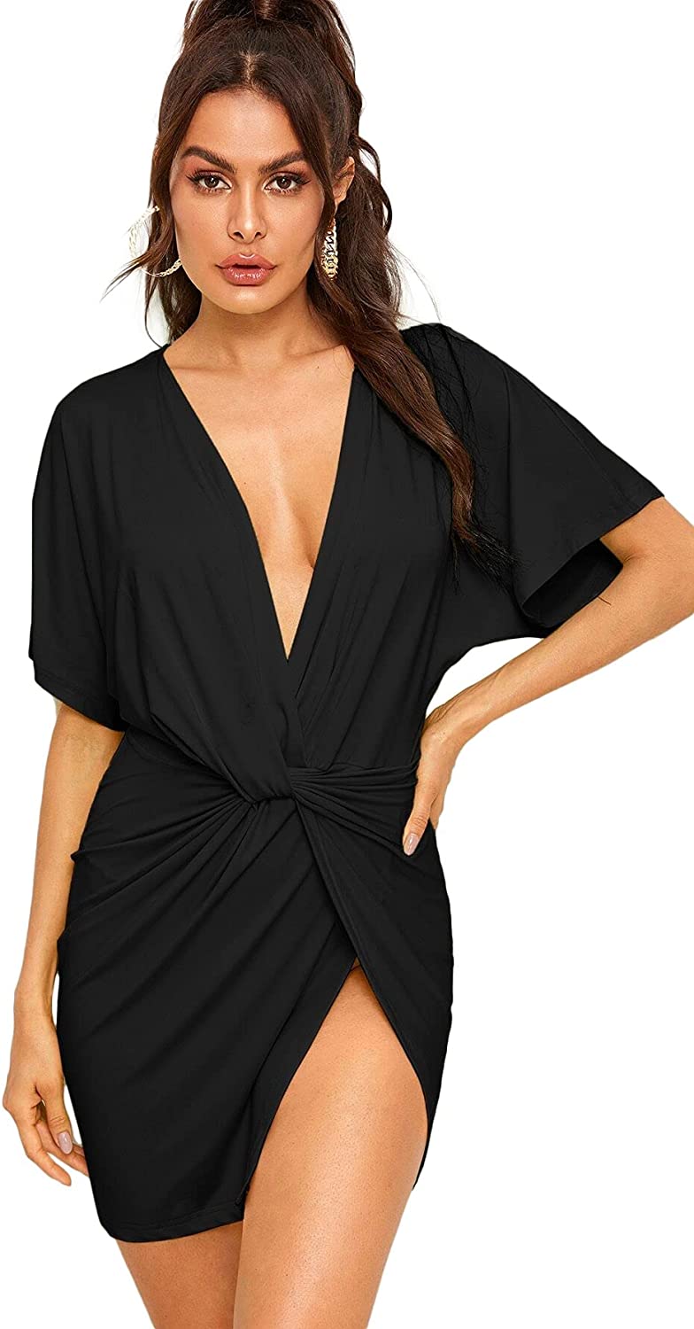 Women's Deep V Neck Twisted Plunging High Slit Mini Party Dress