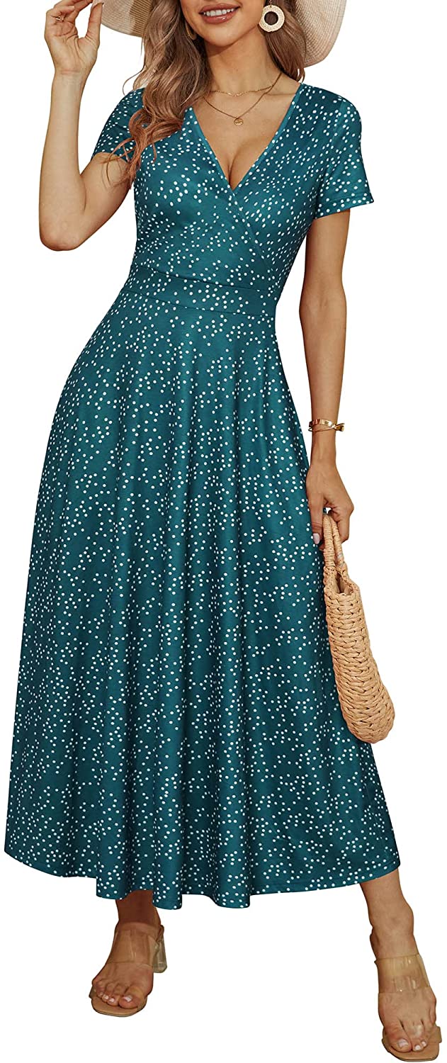 Women's Short Sleeve Wrap V Neck Dresses for Wedding Guest Summer Floral Maxi Sundresses with Pockets