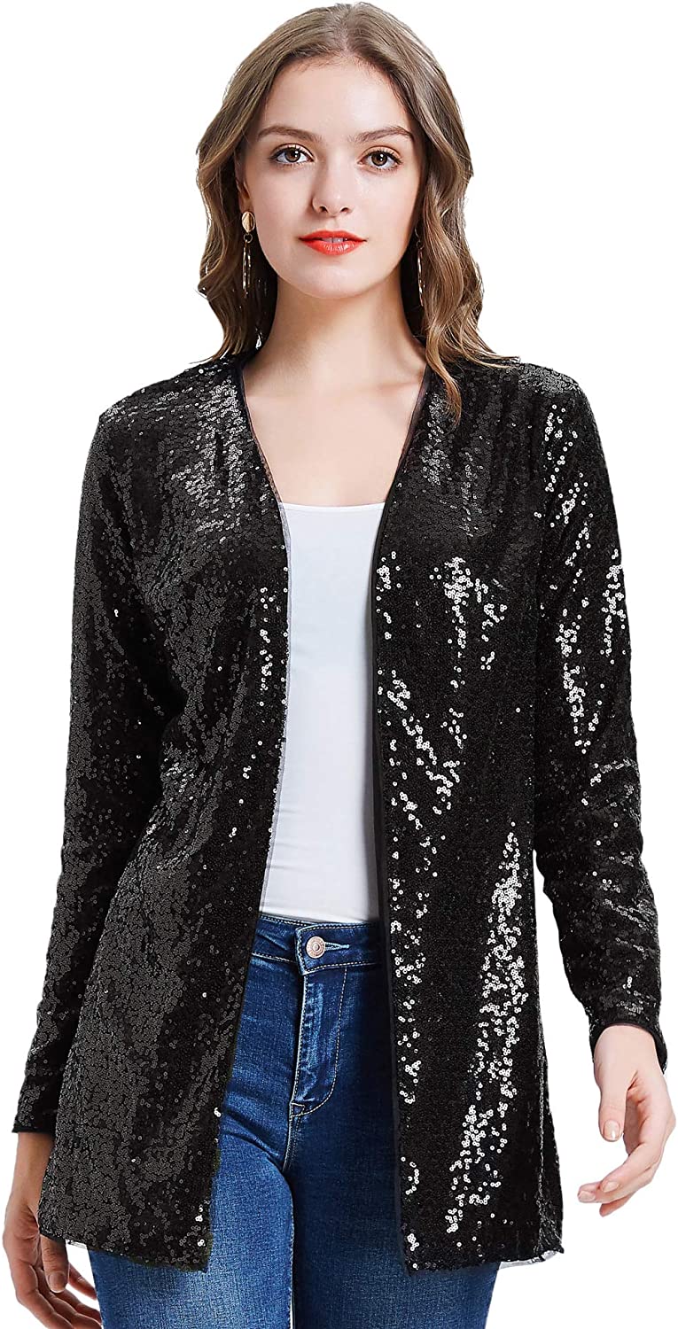 KANCY KOLE Women's Sequin Jacket Open Front Blazer Casual Long Sleeve Cardigan Coat S-XXL