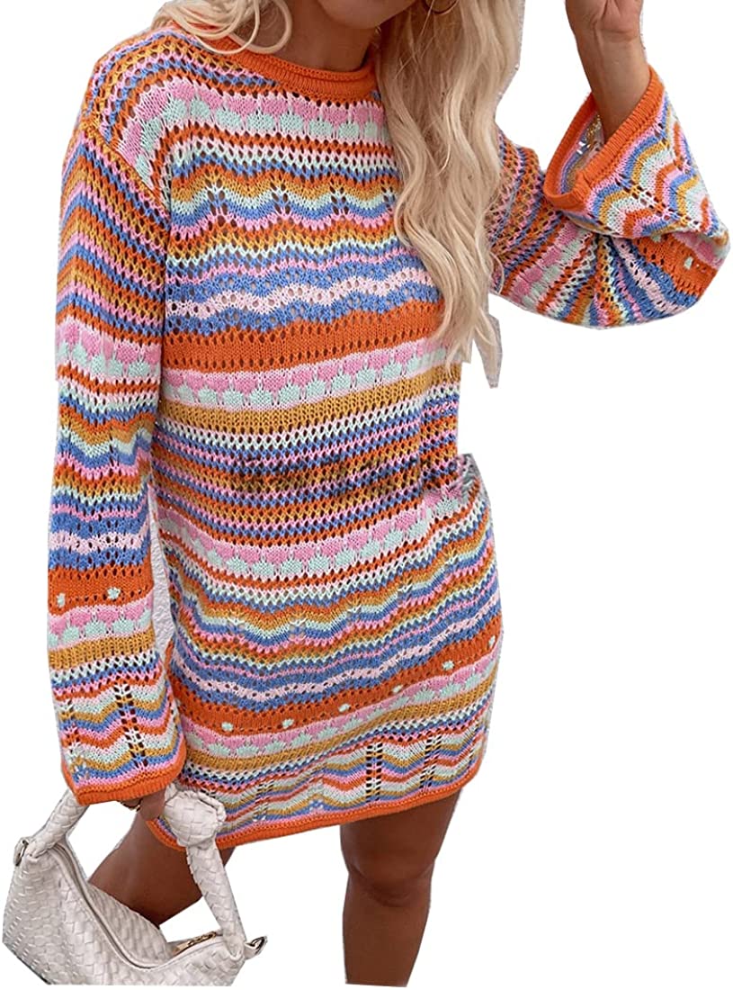 Rainbow Striped Long Sleeve Loose Crochet Striped Hollow Out Mini Casual Sweater Dress Women Sweater Dress