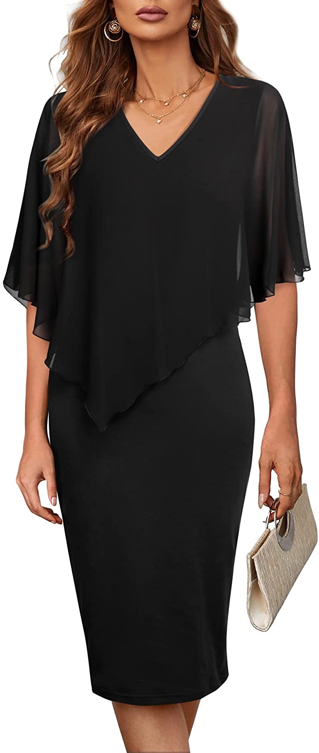 Women's V Neck Capelet Sleeve Chiffon Overlay Bodycon Knee Length Pencil Dress