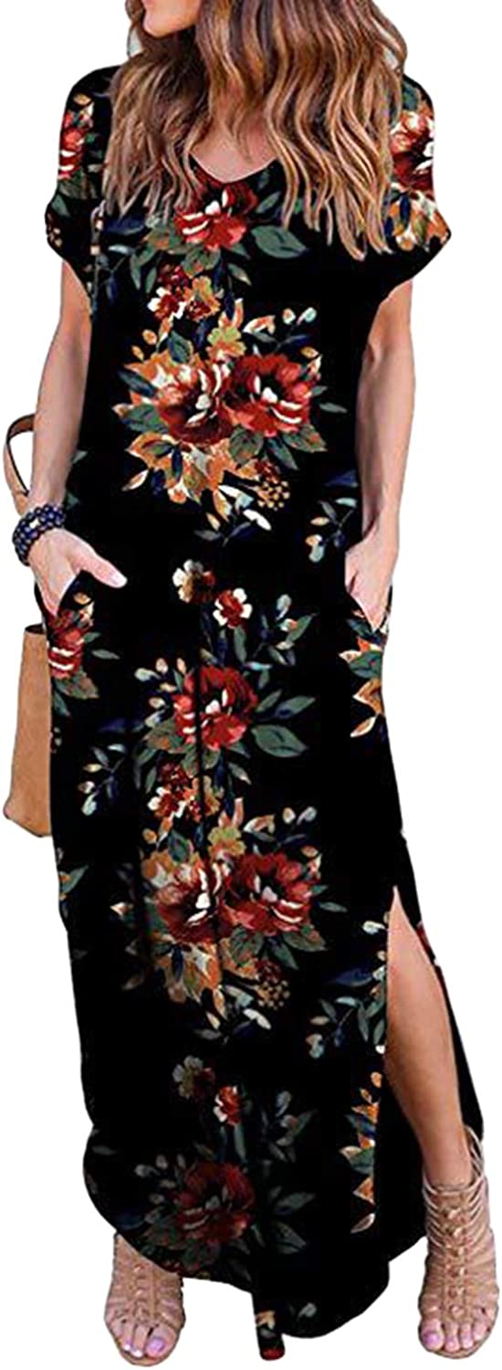 Women Summer Casual Maxi Dress Loose Pockets Short Sleeve Split Boho Dresses