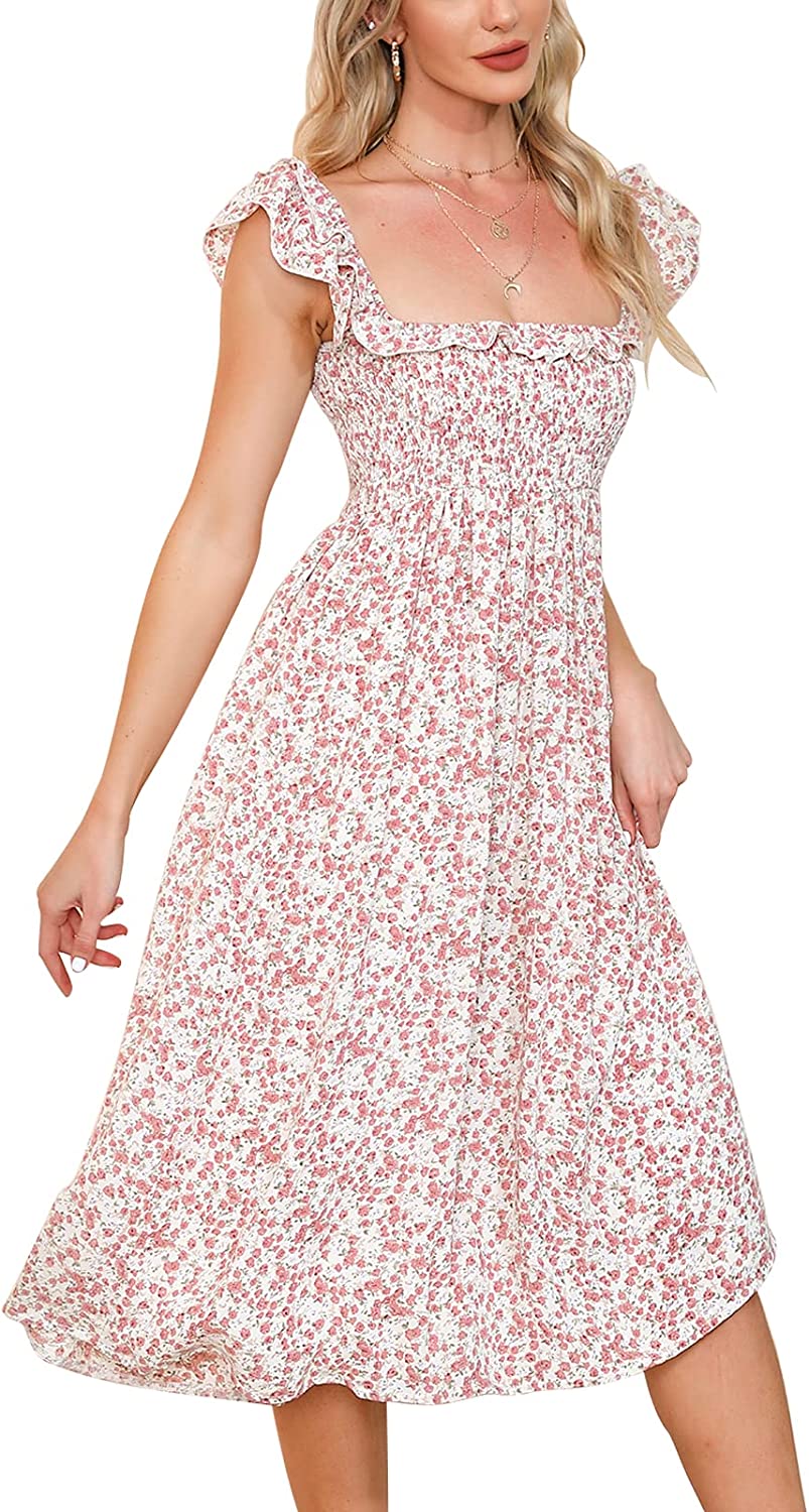 Women's Sleeveless Dress Square Neck Floral Print High Waist A-line Ruffle Smocked Backless Midi Dress