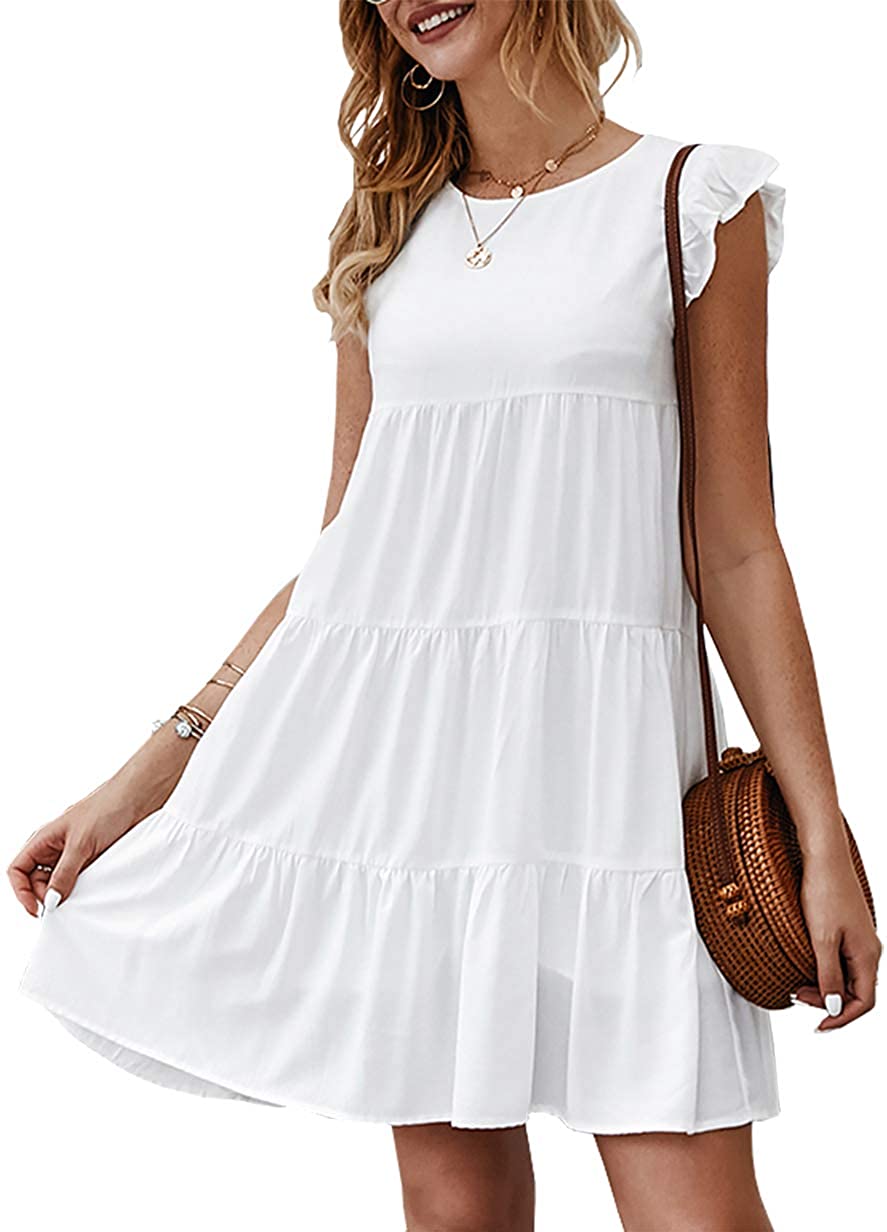Women’s Summer Dress Sleeveless Ruffle Sleeve Round Neck Mini Dress Solid Color Loose Fit Short Flowy Pleated Dress