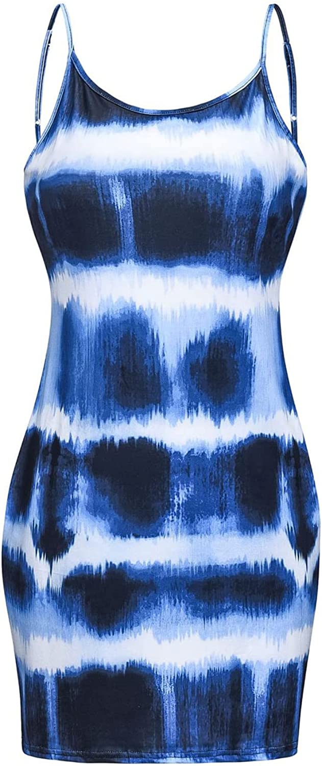 Women's Tie Dye Spaghetti Strap Dress Backless Tank Dress Bodycon Club Party Midi Dress