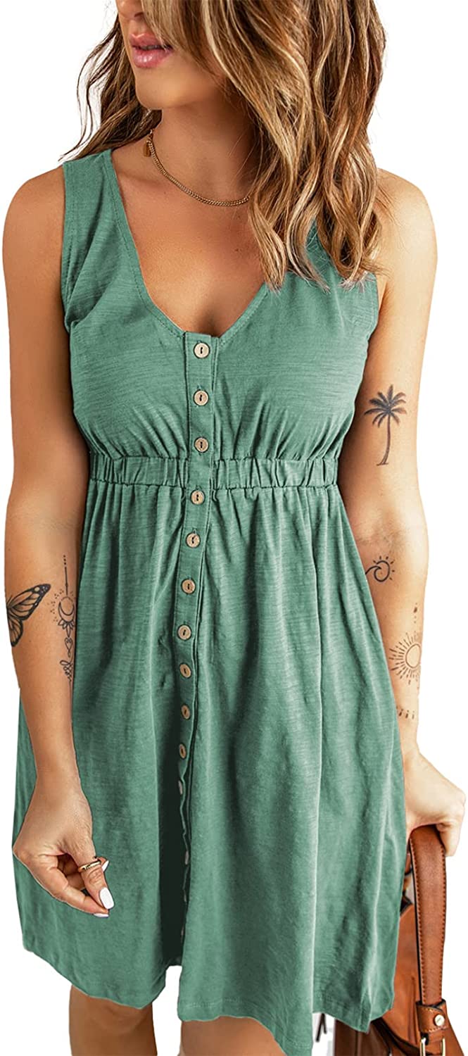 Women's V Neck Sleeveless Button Down Dress Casual Summer Elastic Waist A-Line Swing Tank Mini Dresses