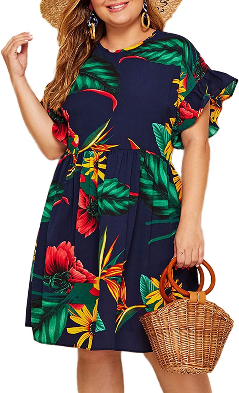 Women's Plus Size Tropical Leaf Print Ruffle Sleeve Pleated Short Dress