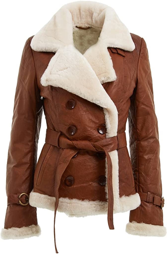 Women’s Tan Double Breasted Real Shearling Sheepskin Leather Pea Coat