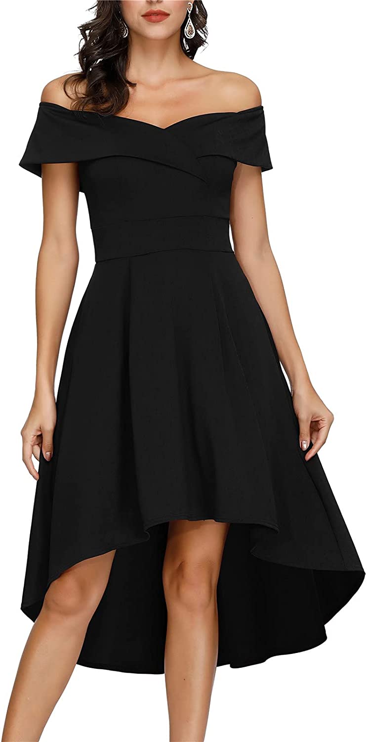Women's Off Shoulder High Low A Line Wedding Guest Party Cocktail Dress