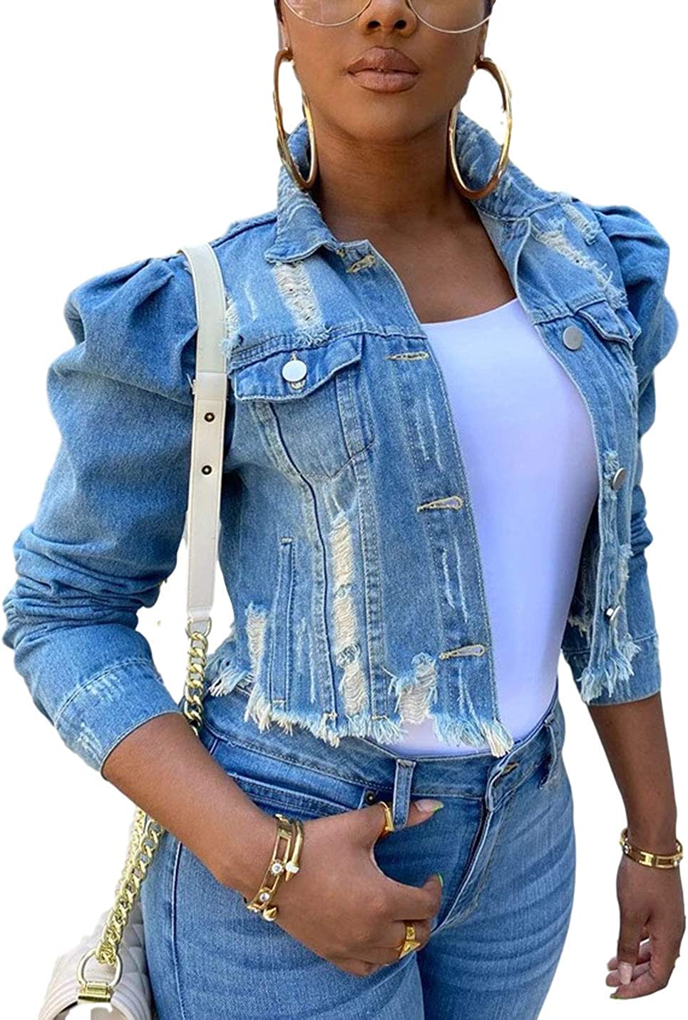 Omoone Women's Ripped Puff Sleeve Denim Crop Top Long-Sleeve Cropped Jean Jacket