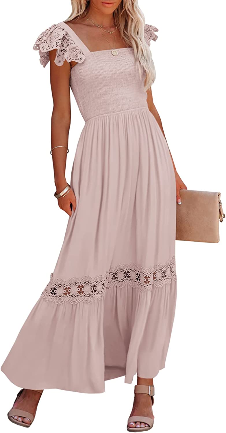 Womens Summer Boho Lace Strap Sleeveless Square Neck Ruffle A Line Flowy Beach Long Maxi Dress with Pockets