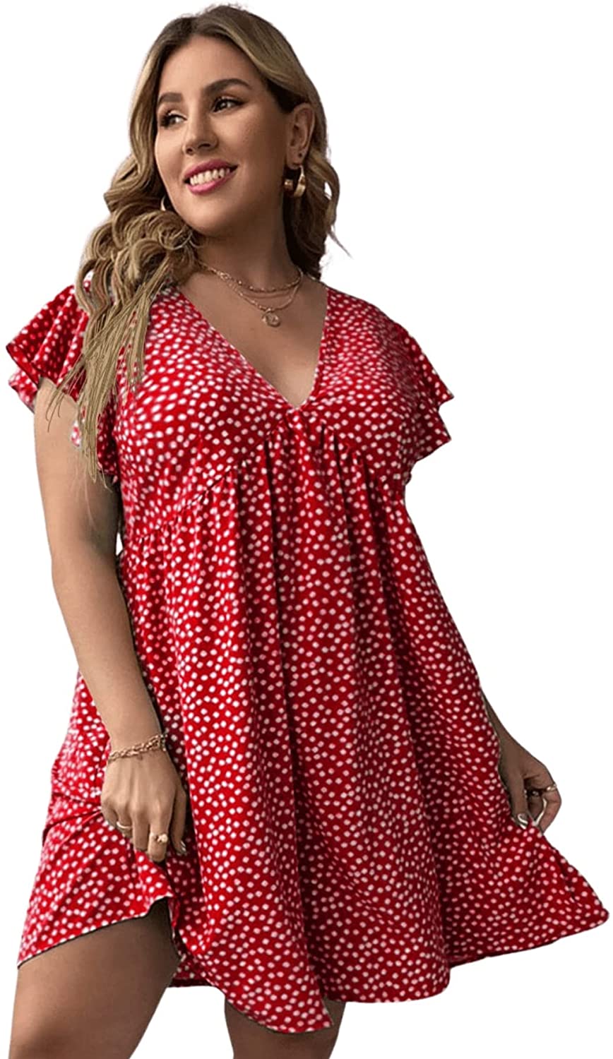 Women's Plus Size Floral V Neck Ruffle Sleeve Short Summer Dress