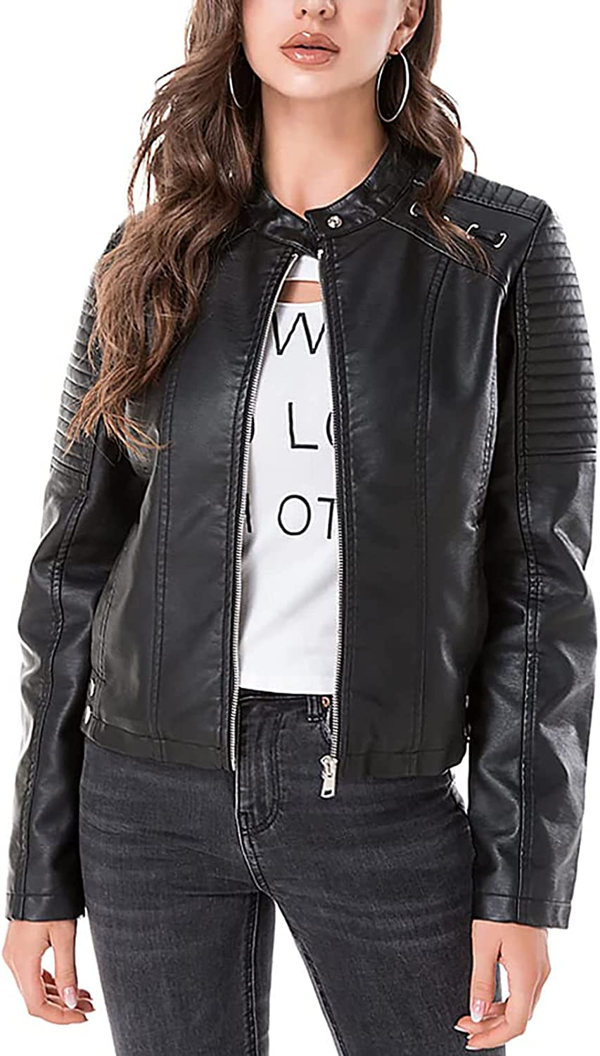 RIJING Women's Faux Leather Jacket Zip Up PU Moto Biker Jacket Casual Slim Short Coat Lightweight Pleather Outwear