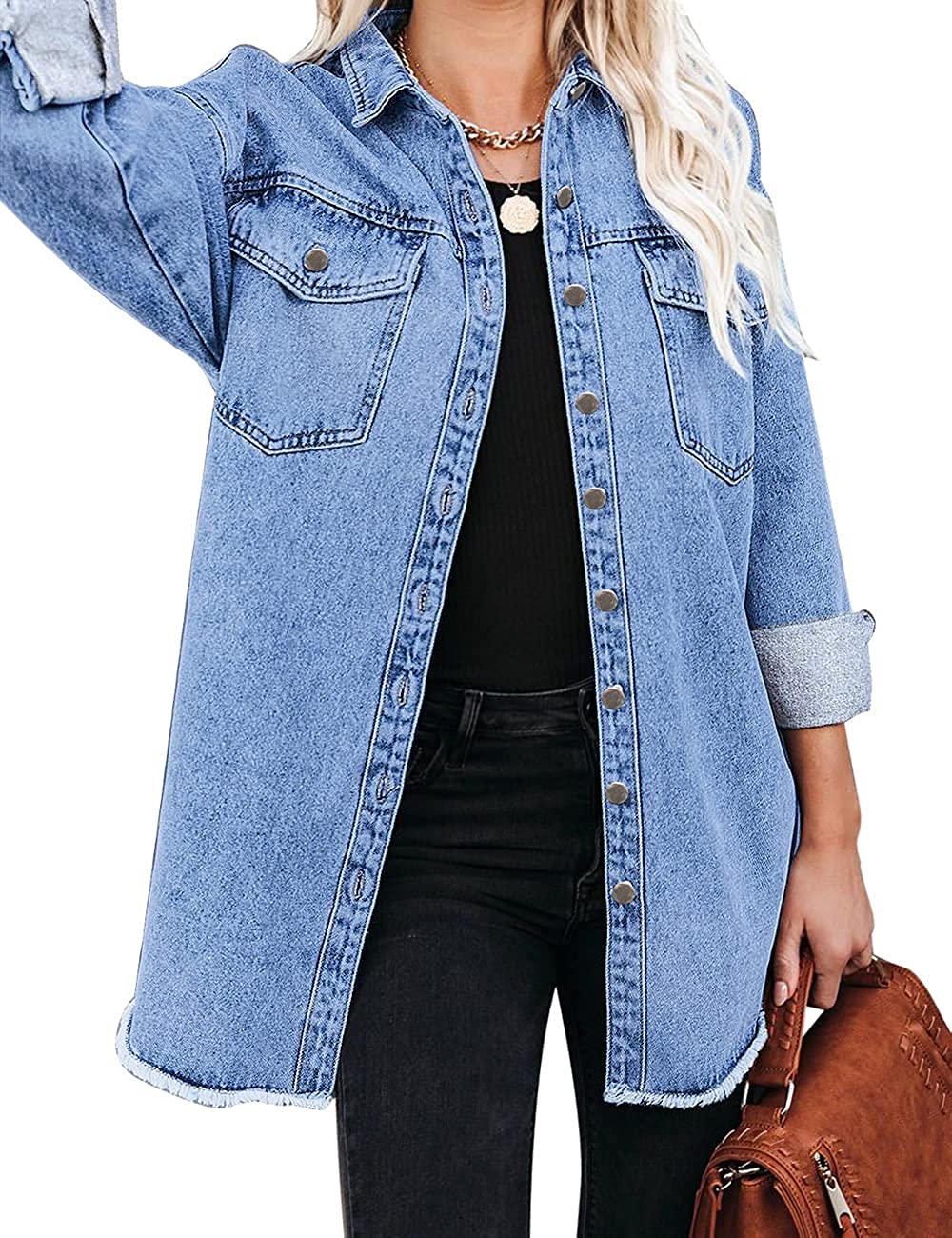 Vetinee Women’s Oversized Button Up Frayed Hem Shacket Long Sleeve Pockets Denim Jean Jacket