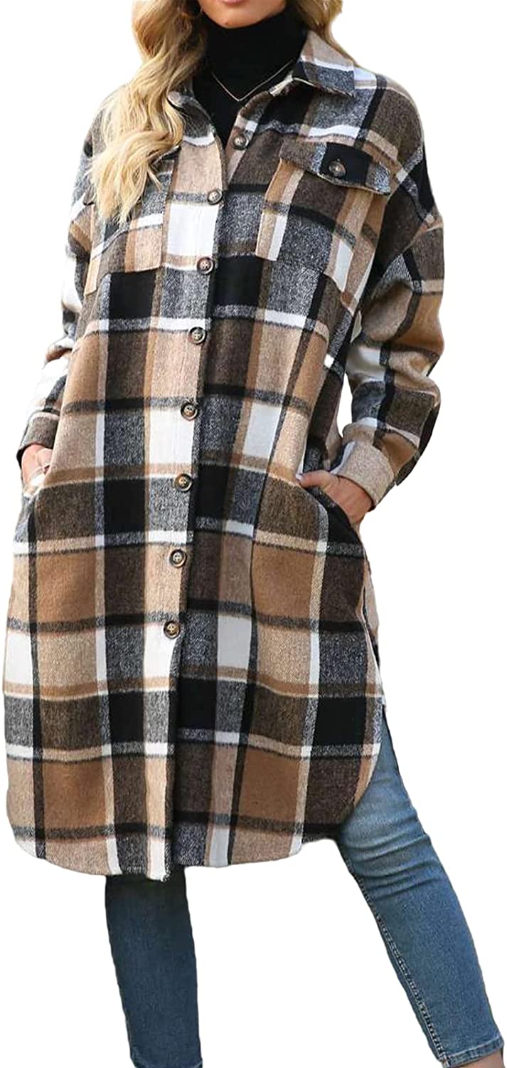 Xaspee Womens Long Plaid Shacket Jacket Casual Fashion Lapel Button Down Long Sleeve Long Plaid Coat with Pockets
