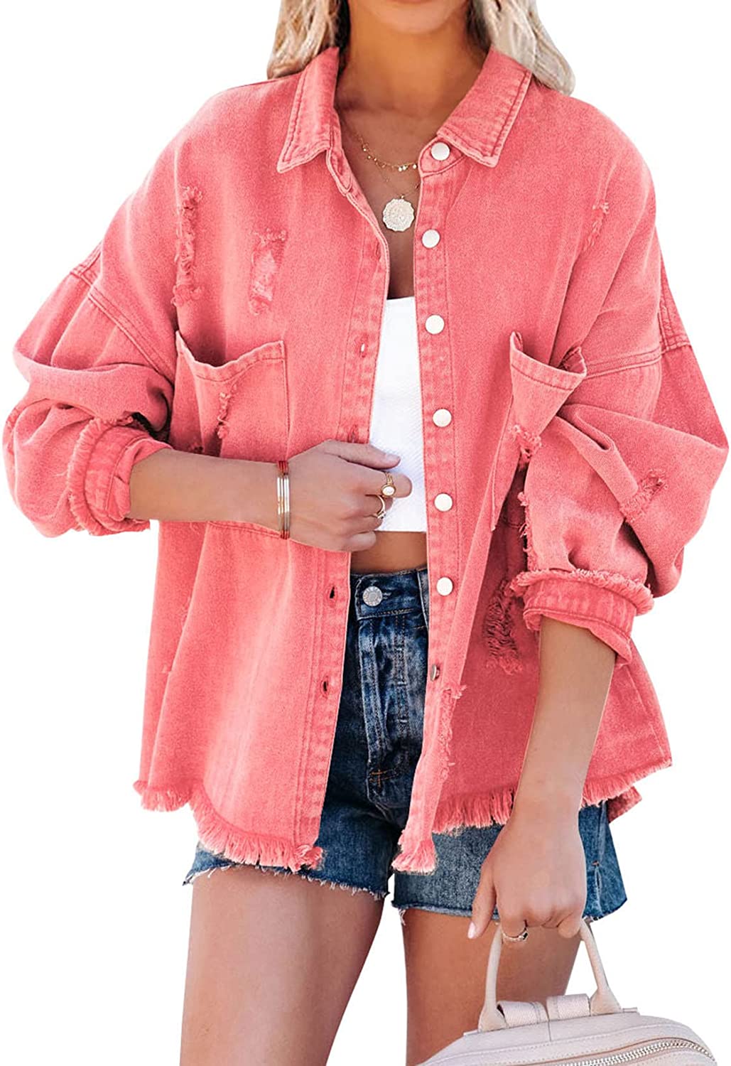 EVALESS Jean Jacket for Women Distressed Frayed Denim Jacket Ladies Ripped Stretchy Jacket With Pockets