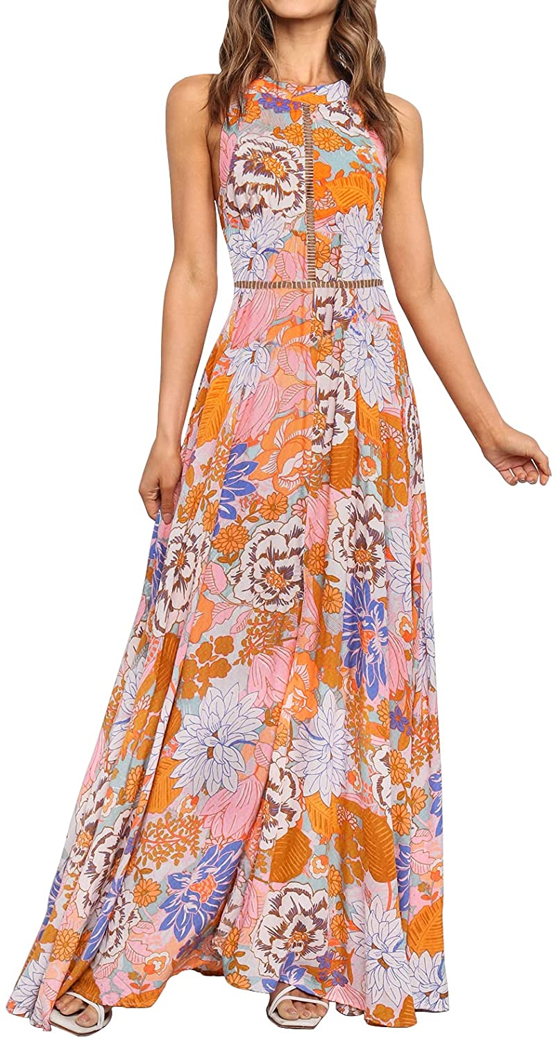 Women's Halter Neck Floral Print Backless Split Beach Party Maxi Dress