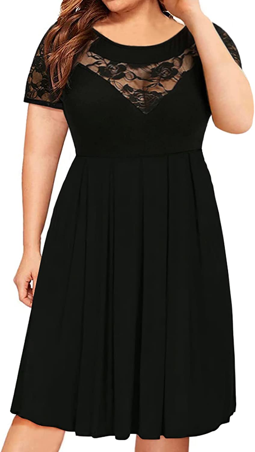 Women's Plus Size Short Sleeve Lace Midi Dress Pleated Casual Summer Flowy Dress with Pockets