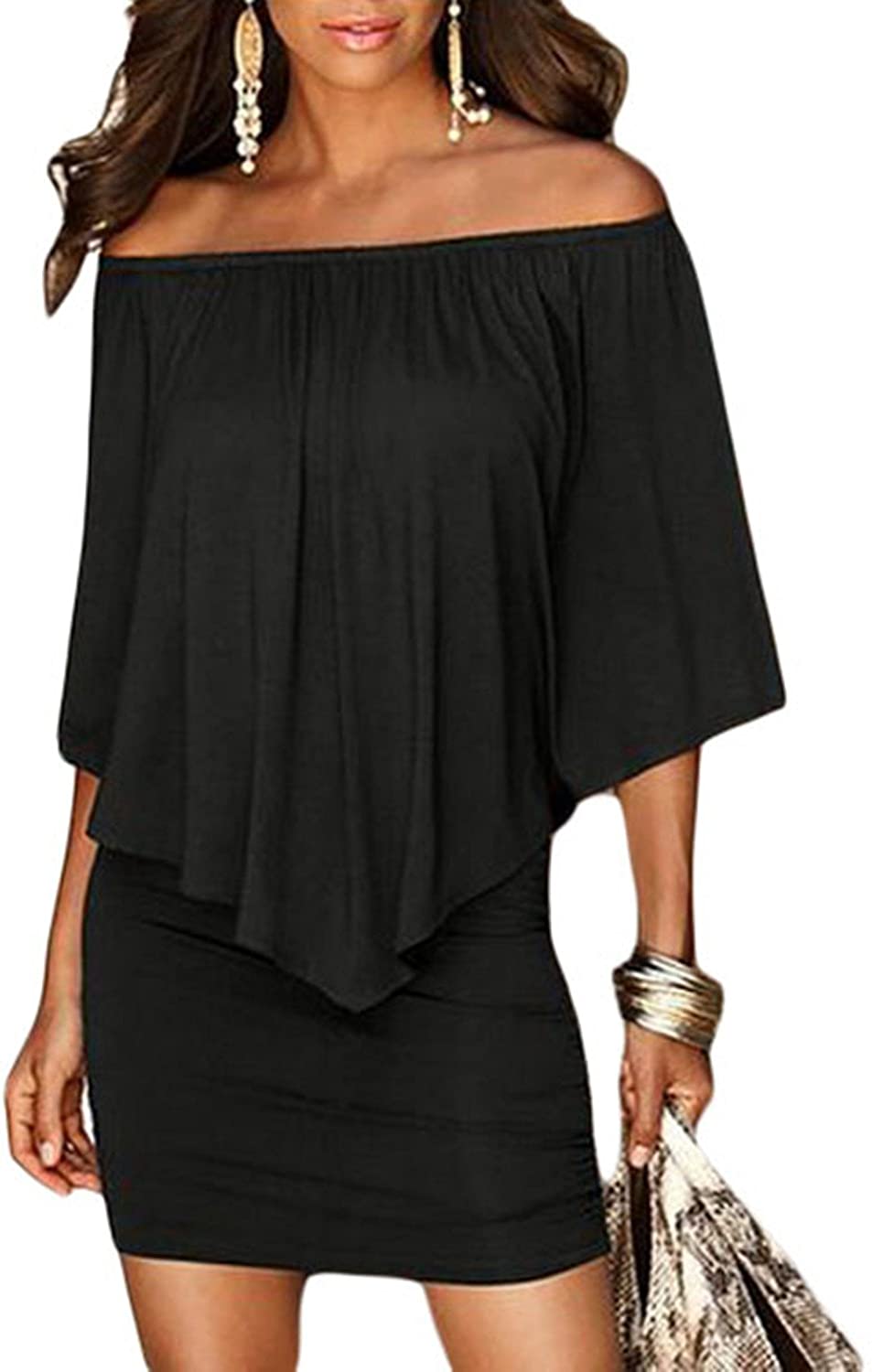 Women Off Shoulder Ruffles Bodycon Mini Dress