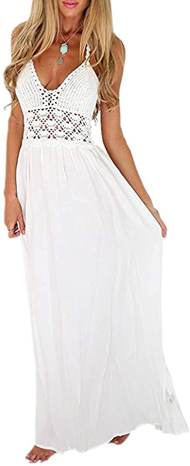 Women's Beach Crochet Backless Bohemian Halter Maxi Long Dress