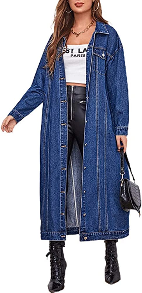 chouyatou Women's Fashion Spring Button Down Midi Long Denim Jean Jacket Trench Coat