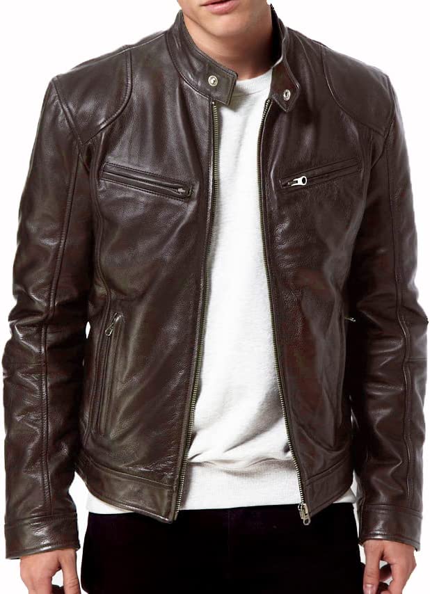 Men's Black Genuine Lambskin Leather Biker Jacket VINTAGE REAL BROWN MOTORCYCLE JACKETS FOR MEN
