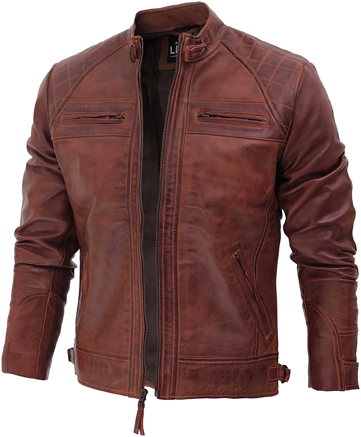 FJackets Real Lambskin Leather Biker Jacket - Quilted Cafe Racer Zip Up Moto Jackets Men