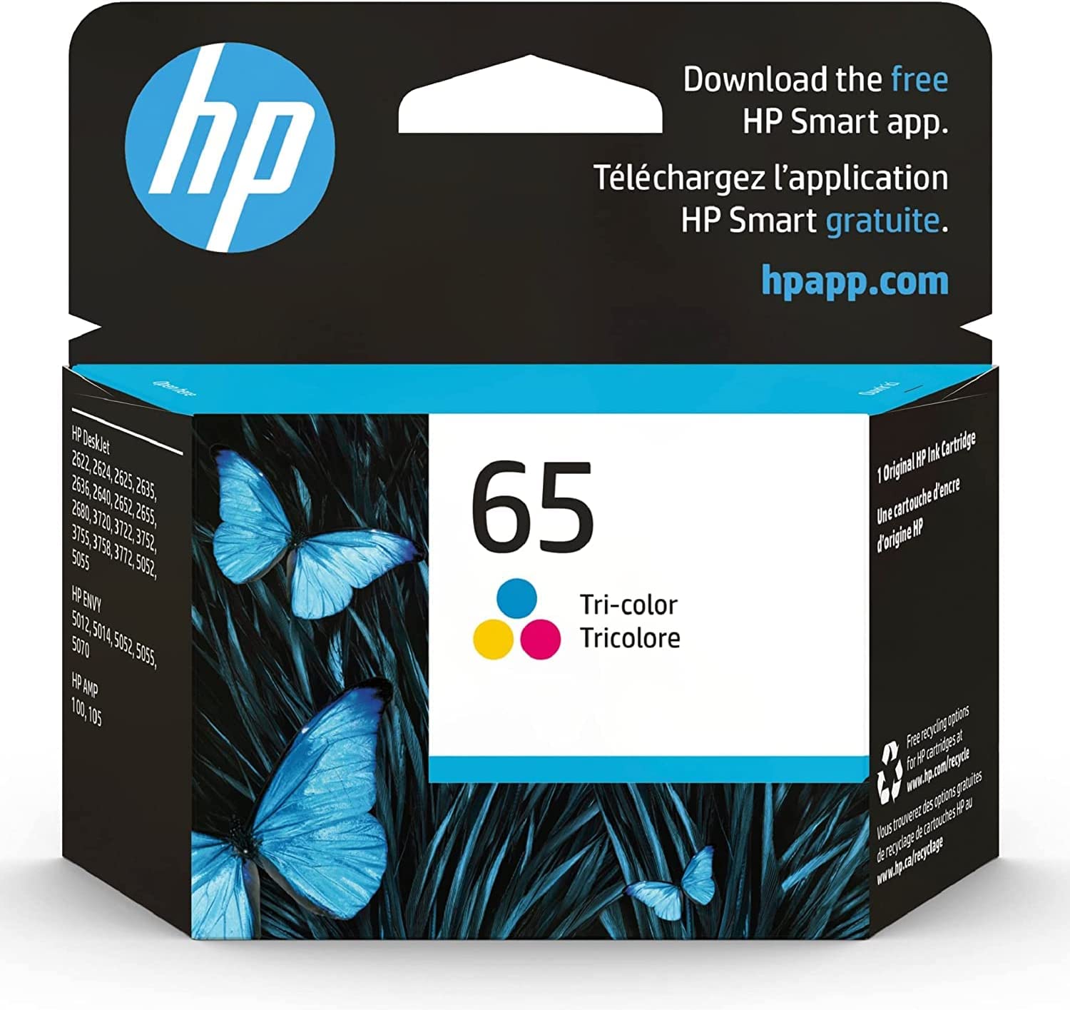 Original HP 65 Tri-color Ink Cartridge | Works with HP AMP 100 Series, HP DeskJet 2600, 3700 Series, HP ENVY 5000 Series | Eligible for Instant Ink | N9K01AN