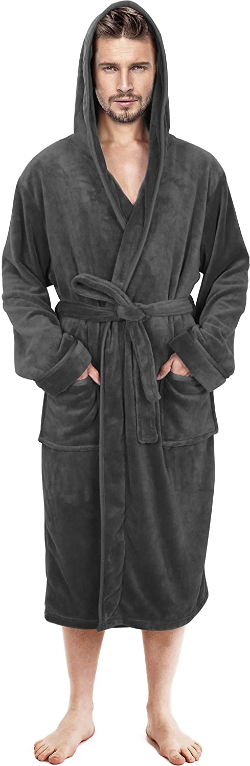 NY Threads Mens Hooded Fleece Robe - Plush Long Bathrobes