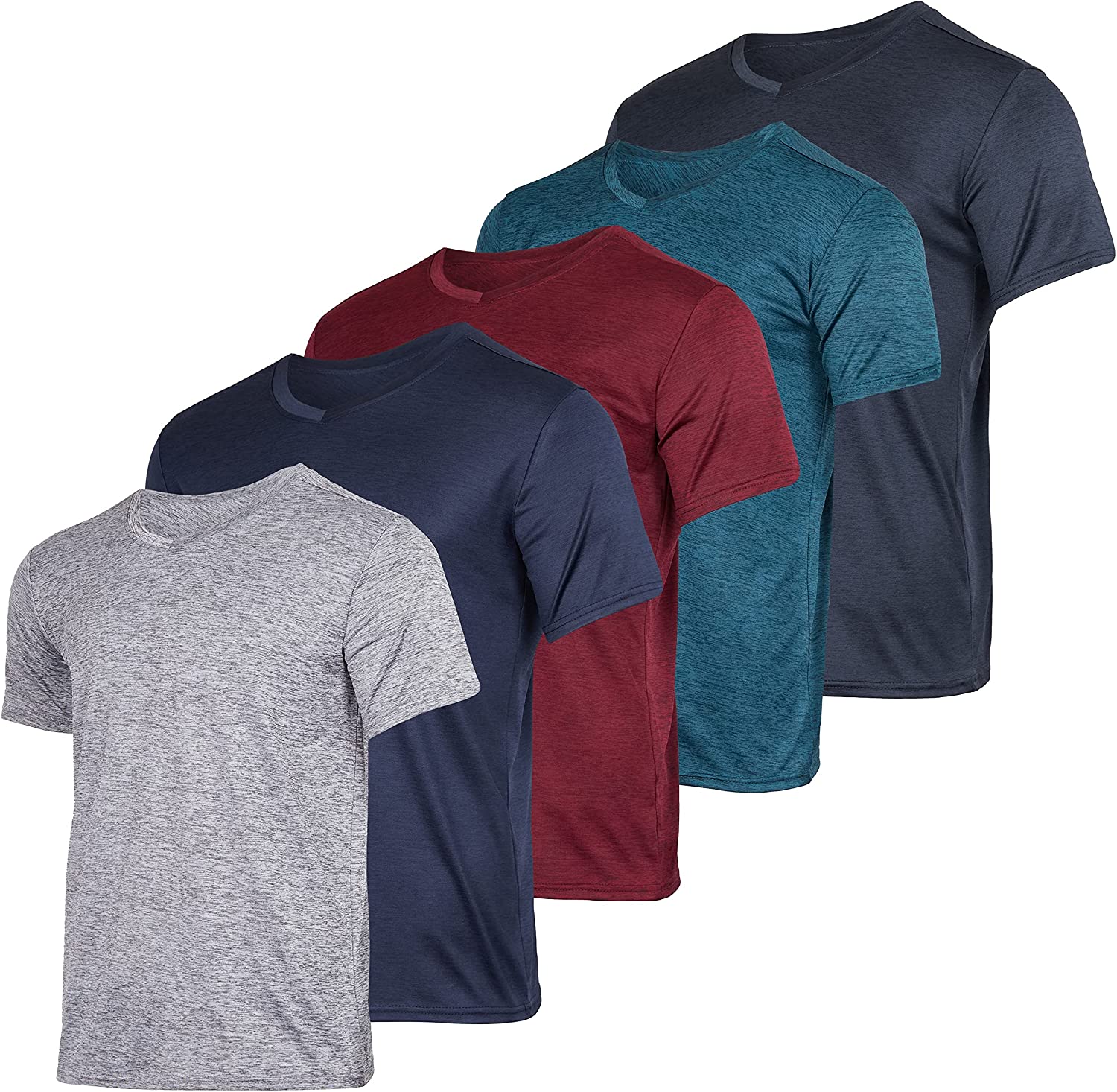 5 Pack: Men’s V-Neck Dry-Fit Moisture Wicking Active Athletic Tech Performance T-Shirt