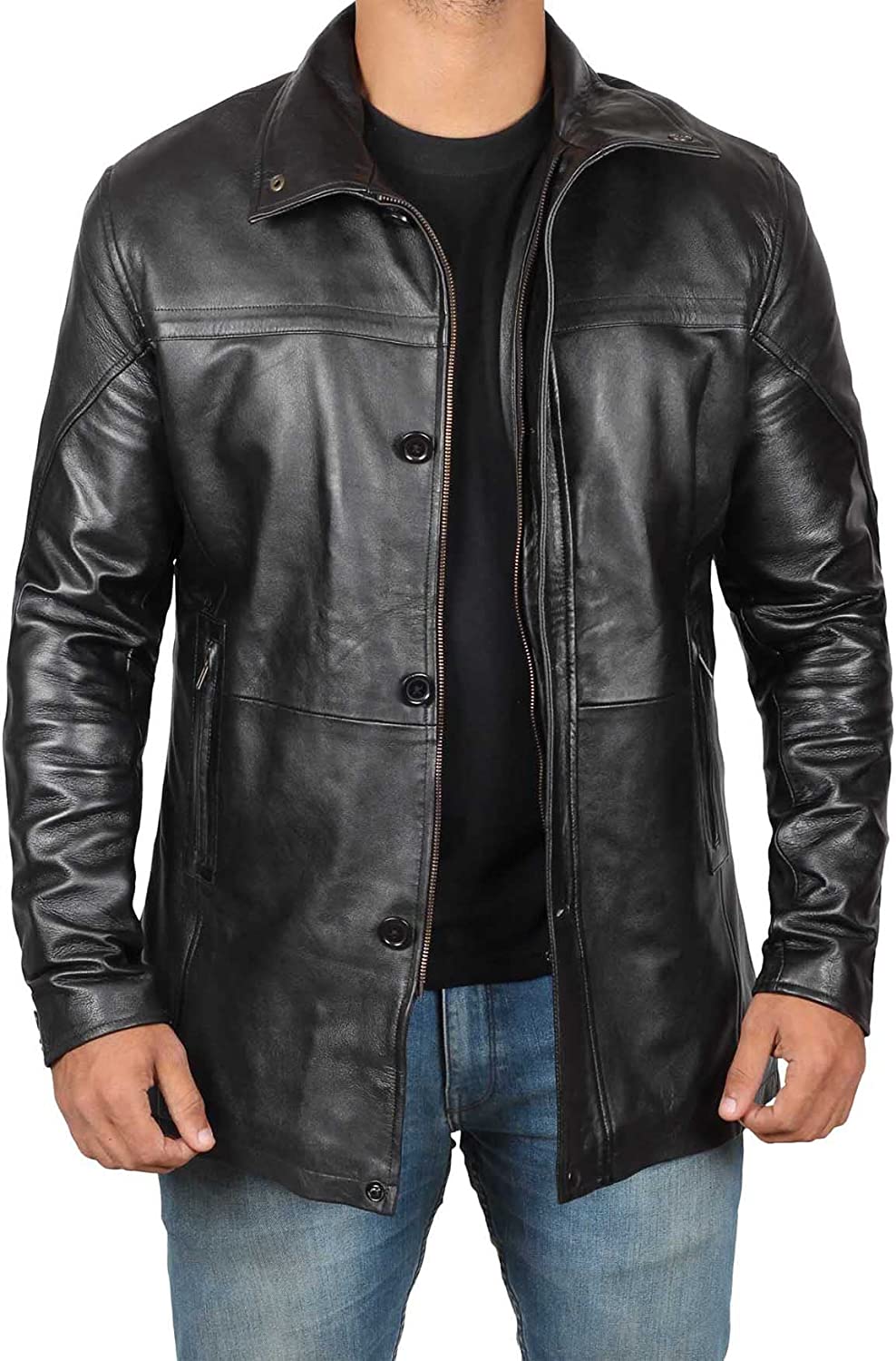 Mens Black Leather Coat - Real Leather 3/4 Length Brown Carcoat Winter Jackets for Men