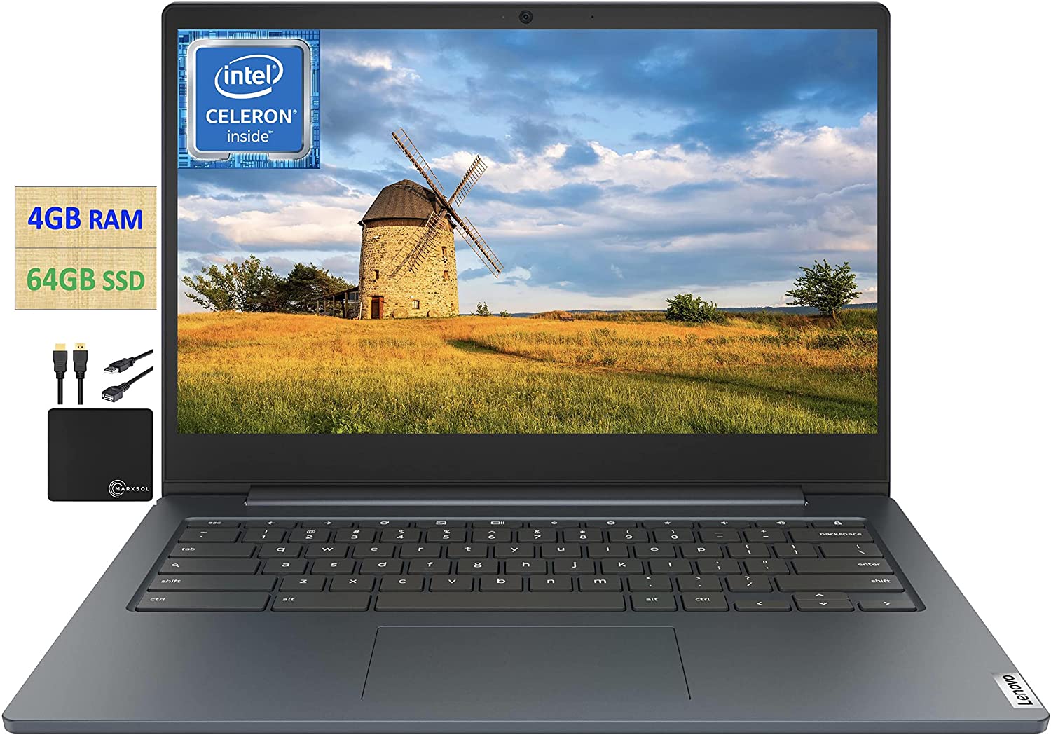 2022 Newest Lenovo Chromebook 14" Laptop Computer Business Student, Intel Celeron N4020 Dual-Core Processor,up to 2.80 GHz, 4GB RAM, 64GB eMMC,WiFi, Webcam, 10 Hours Battery, Chrome OS, +MarxsolCables
