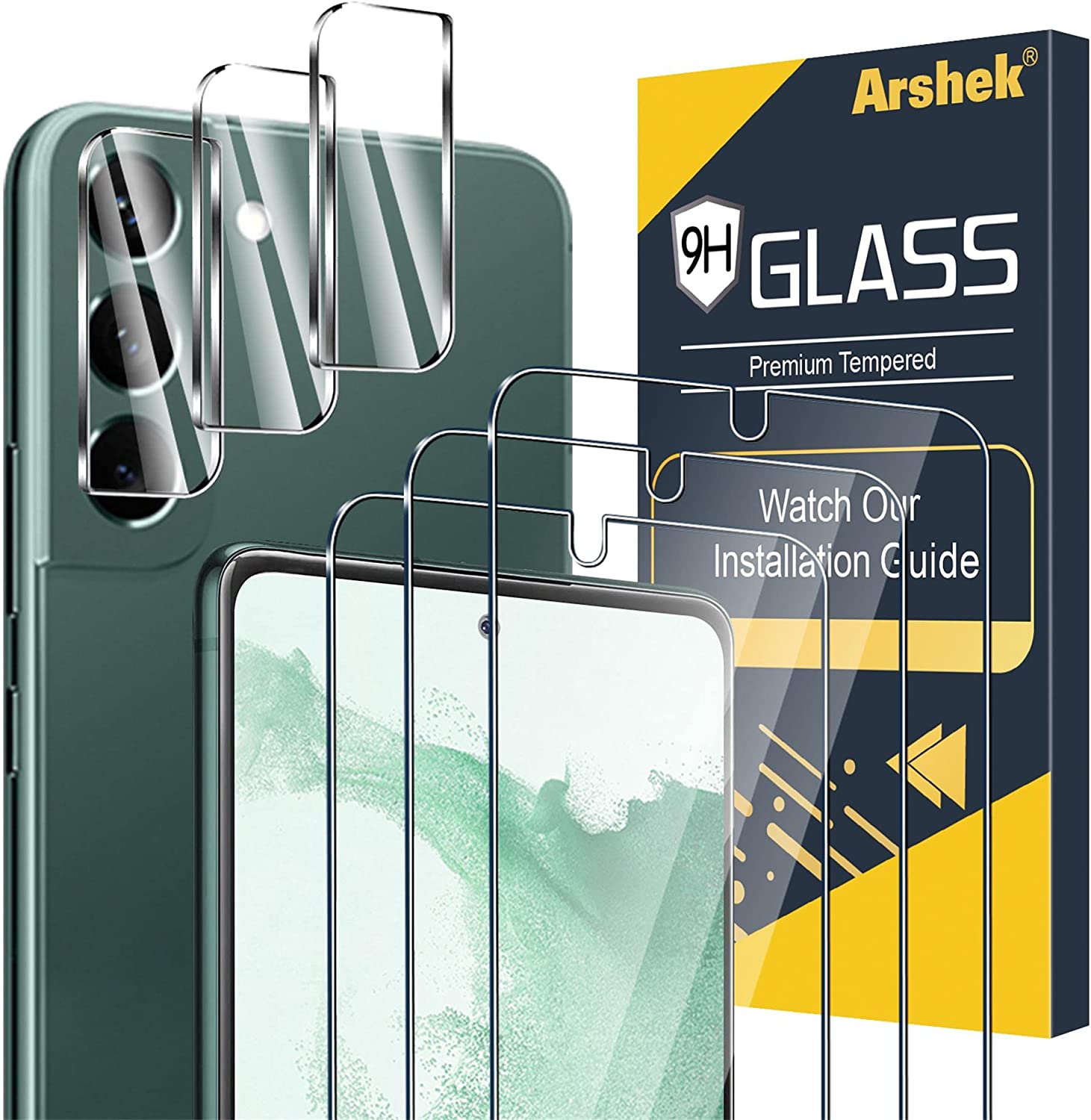 Arshek [3+3 Pack] Glass Screen Protector for Samsung Galaxy S22 5G, 9H Tempered Glass, Ultrasonic Fingerprint Compatible, HD Clear, Case Friendly for Galaxy S22 Glass Screen Protector