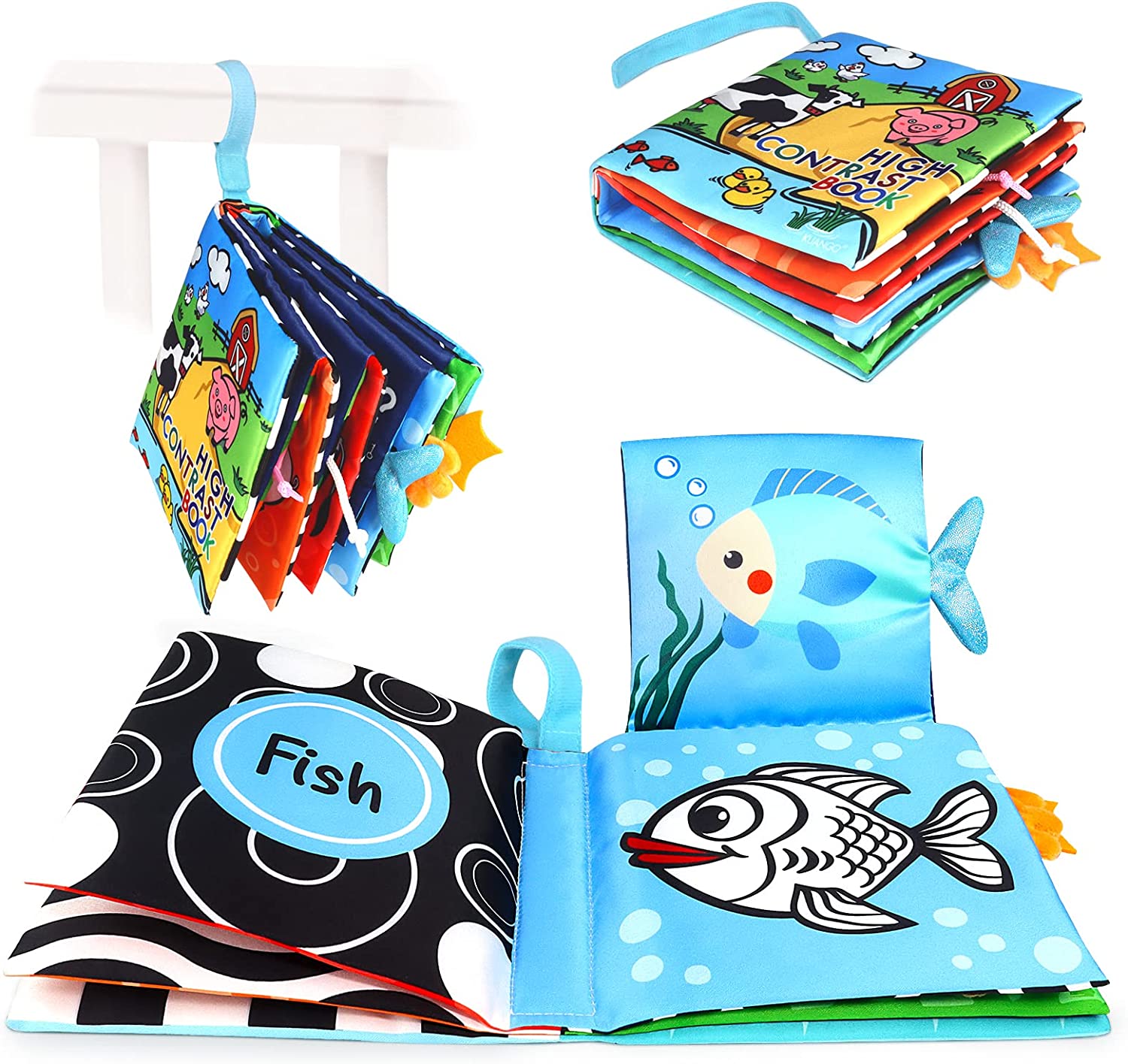 KUANGO Baby Books Toys 0-6 Months, Touch and Feel Cloth Book Non Toxic High Contrast Black and White Crinkle Soft Book Toys for Infants Toddler 1 Year Old Boys & Girls (First Book)