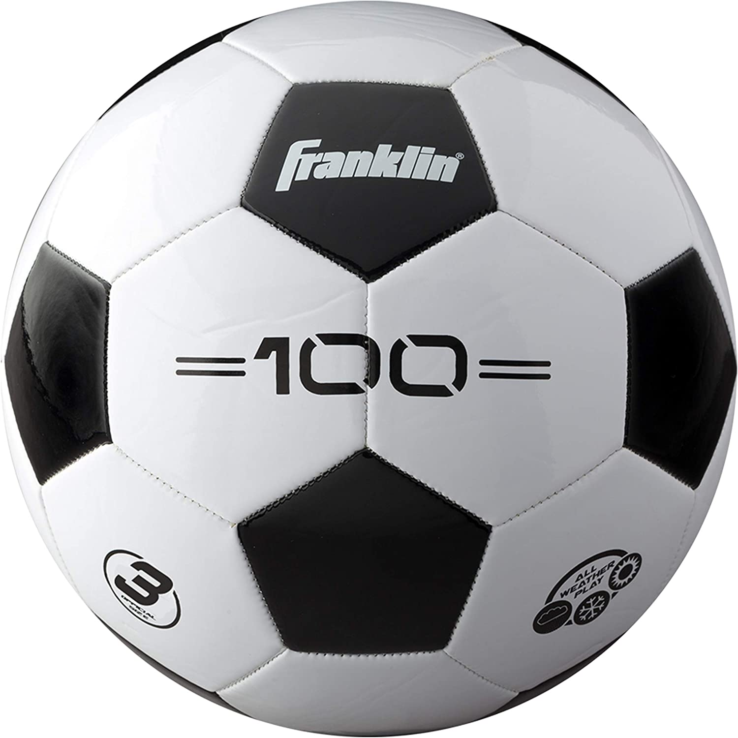 Franklin Sports Soccer Balls - Competition 100 Soccer Balls - Size 3, Size 4 + Size 5 Traditional Soccer Balls - Single + 12 Ball Bulk Packs - Black + White