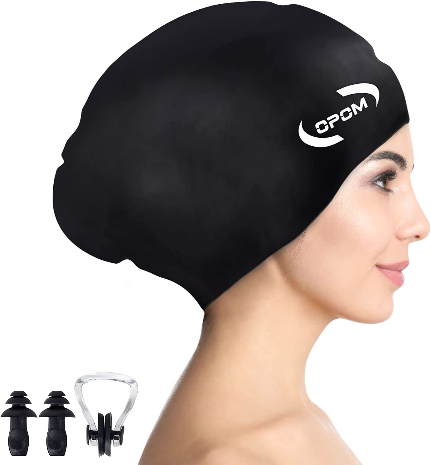 Women Silicone Swimming Cap, High Elasticity Thick Swim Hats for Long Hair, Bathing Swimming Caps for Women and Men Keep Your Hair Dry, with Ear Plugs and Nose Clip, Easy to Put On and Off
