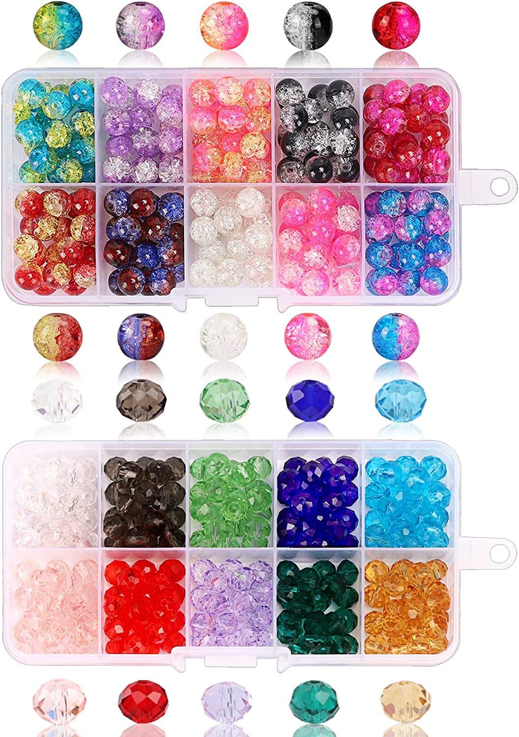 QUEFE 400pcs 8mm Glass Beads for Jewelry Making Bracelets Including 200pcs Faceted Crystal Glass Beads and 200pcs Crackle Lampwork Glass Round Beads Assorted Colors(2 Box)