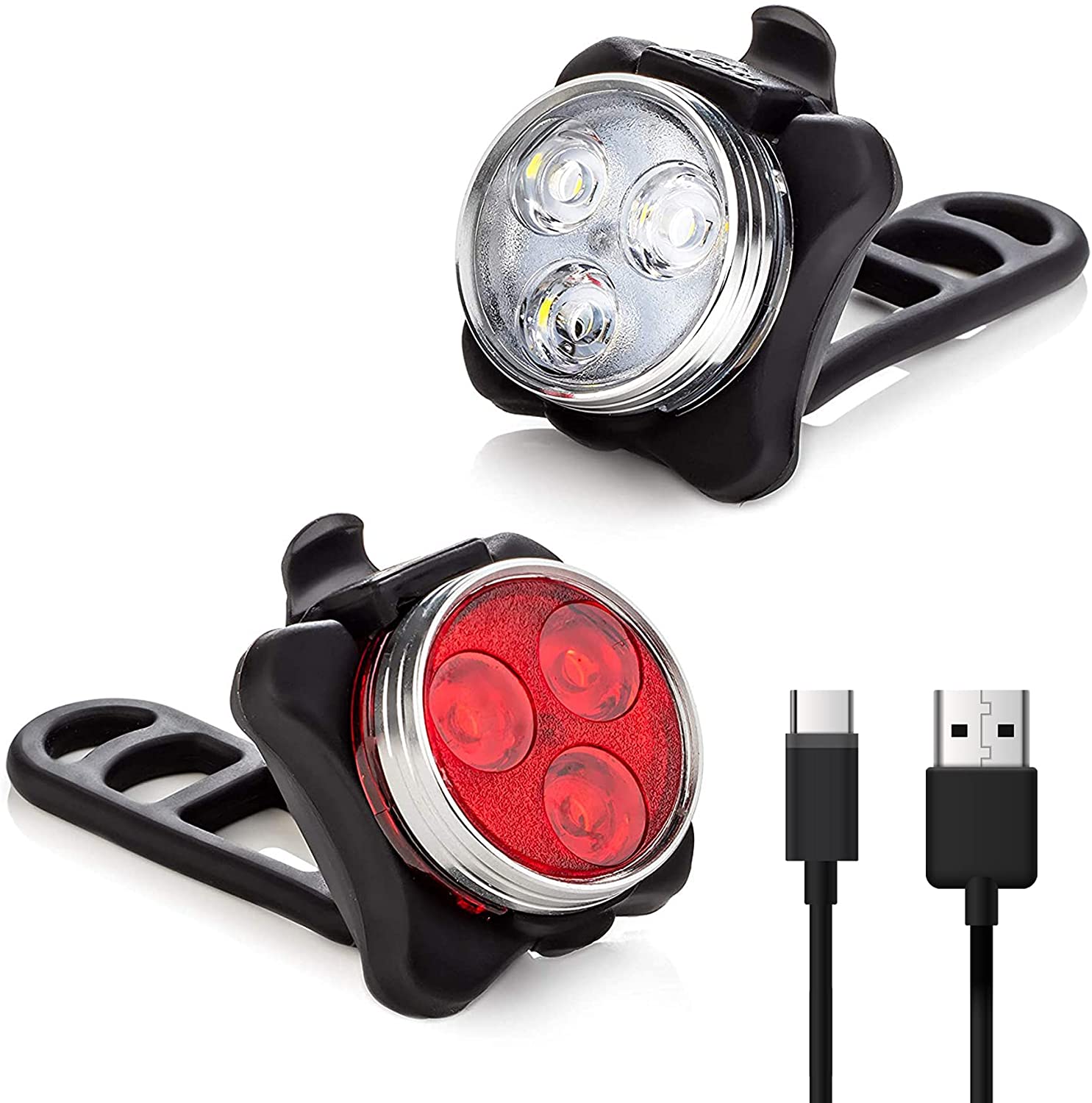 Vont 'Pyro' Bike Light Set, USB Rechargeable, Super Bright Bicycle Light, Bike Lights Front and Back, Bike Headlight, 2X Longer Battery Life, Waterproof, 4 Modes (2 Cables, 4 Straps) (2 Lights)