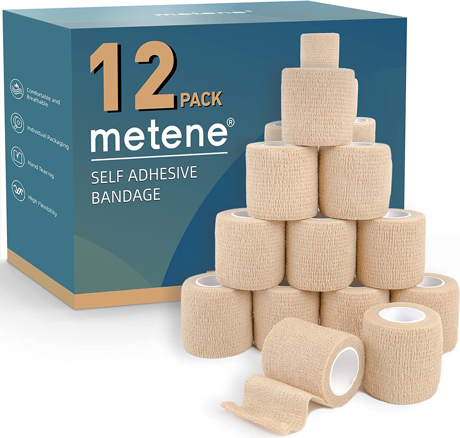 Metene Self Adhesive Bandage Wrap 12 Pack, Athletic Tape 2 Inches X 5 Yards, Sports Tape, Breathable, Waterproof, Elastic Bandage for Sports, Wrist and Ankle Wrap Tape, Non-Woven Bandage