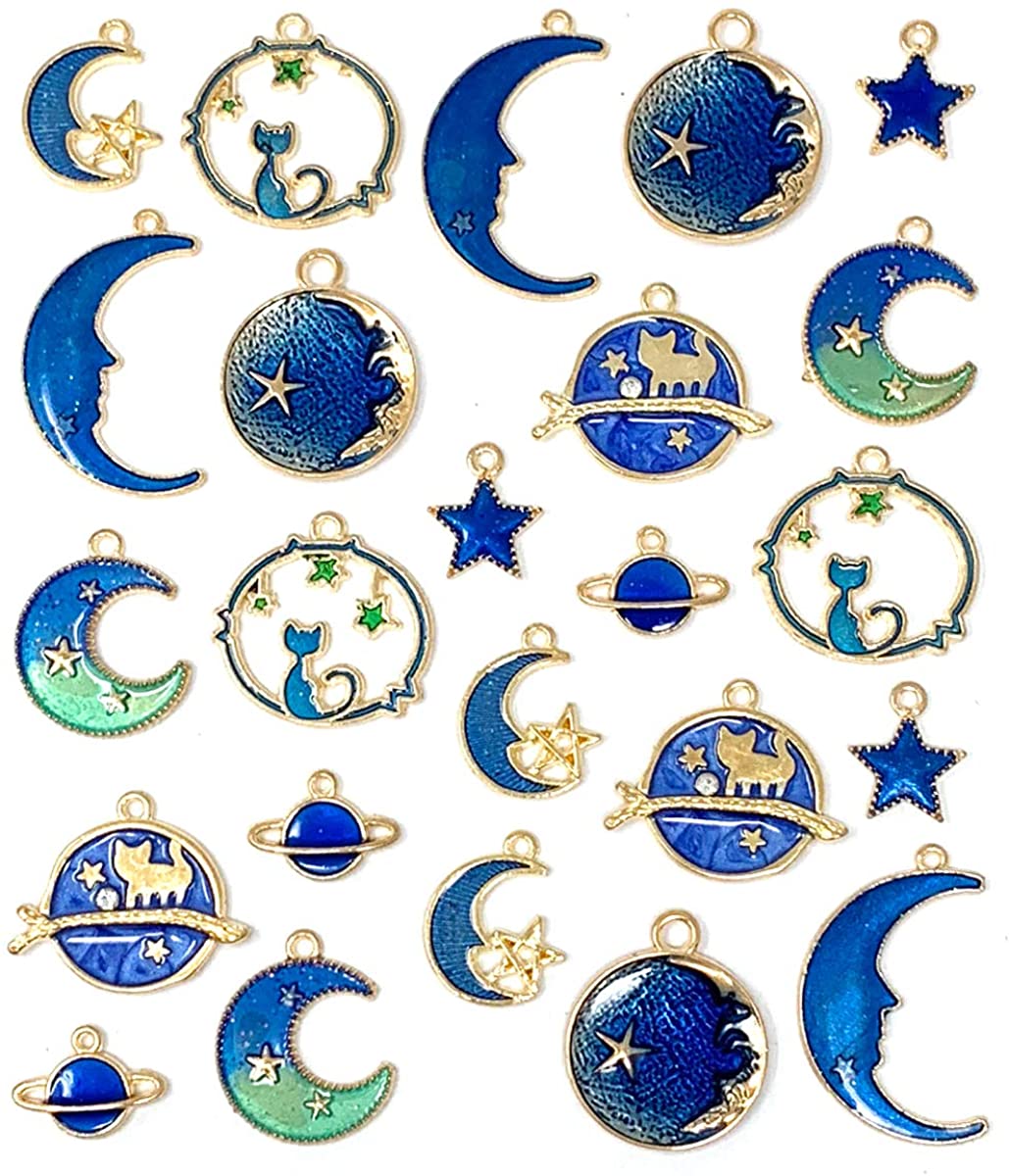 JIALEEY Assorted Gold Plated Enamel Cat Moon Star Celestial Charm Pendant DIY for Earrings Necklace Bracelet Jewelry Making and Crafting