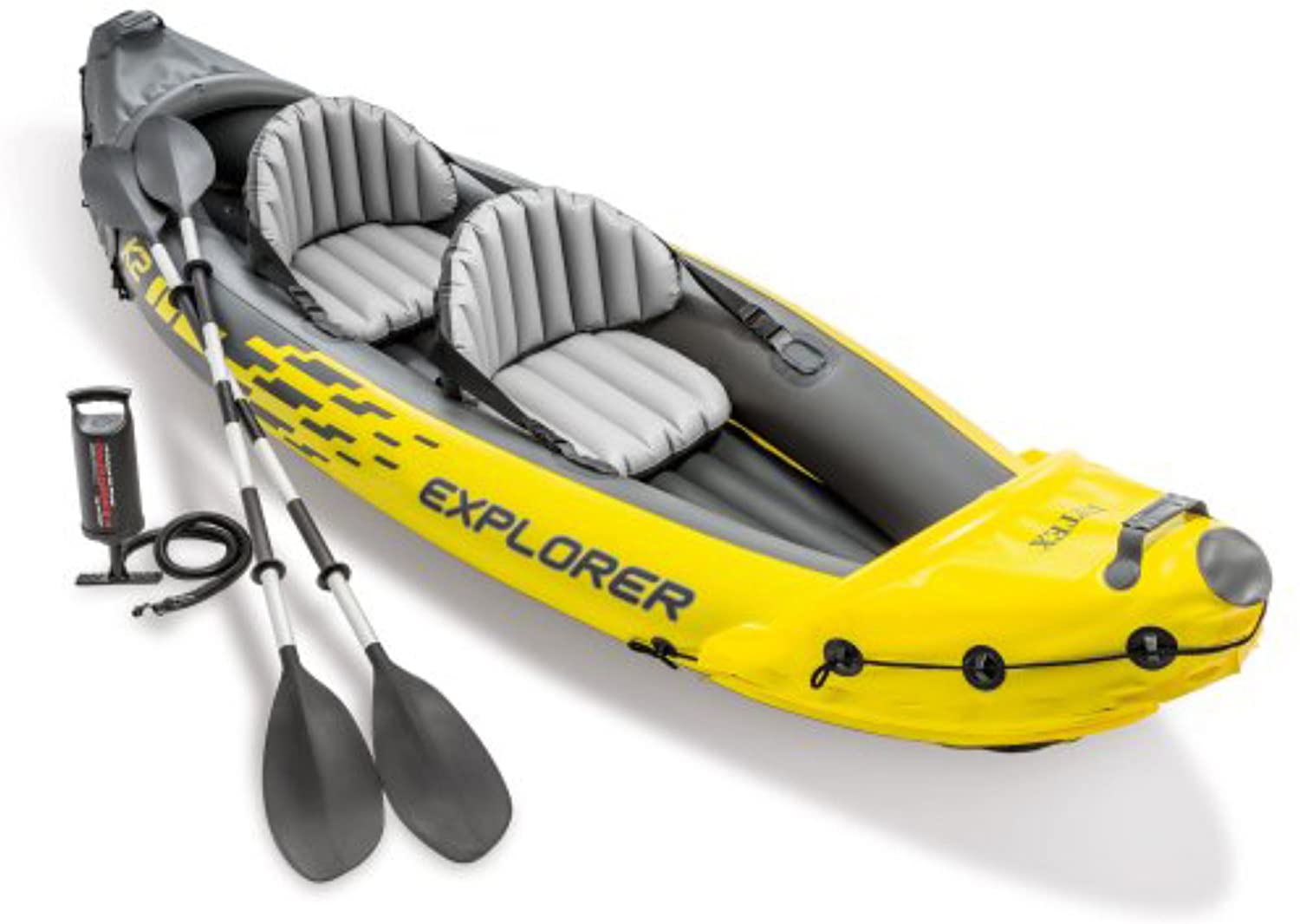 Explorer K2 Kayak, 2-Person Inflatable Kayak Set with Aluminum Oars, Manual and Electric Pumps…