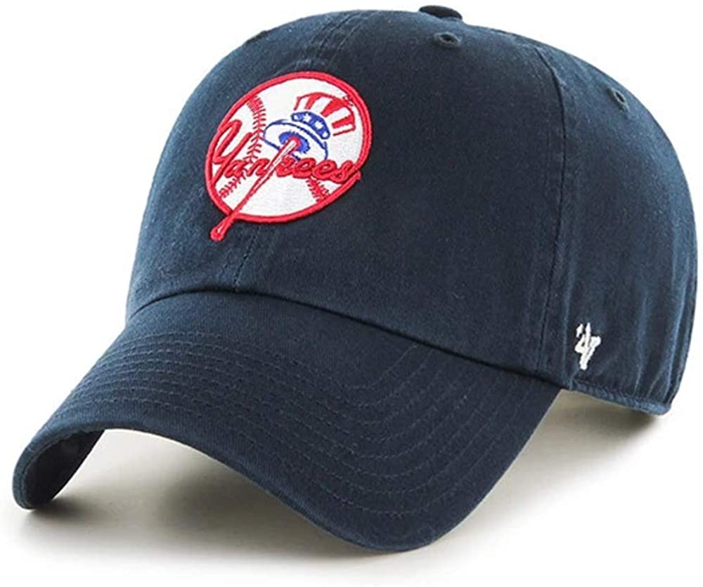 '47 New York Yankees Hat MLB Cooperstown Logo Authentic Brand Clean Up Adjustable Strapback Navy Baseball Cap Adult One Size Men & Women 100% Cotton