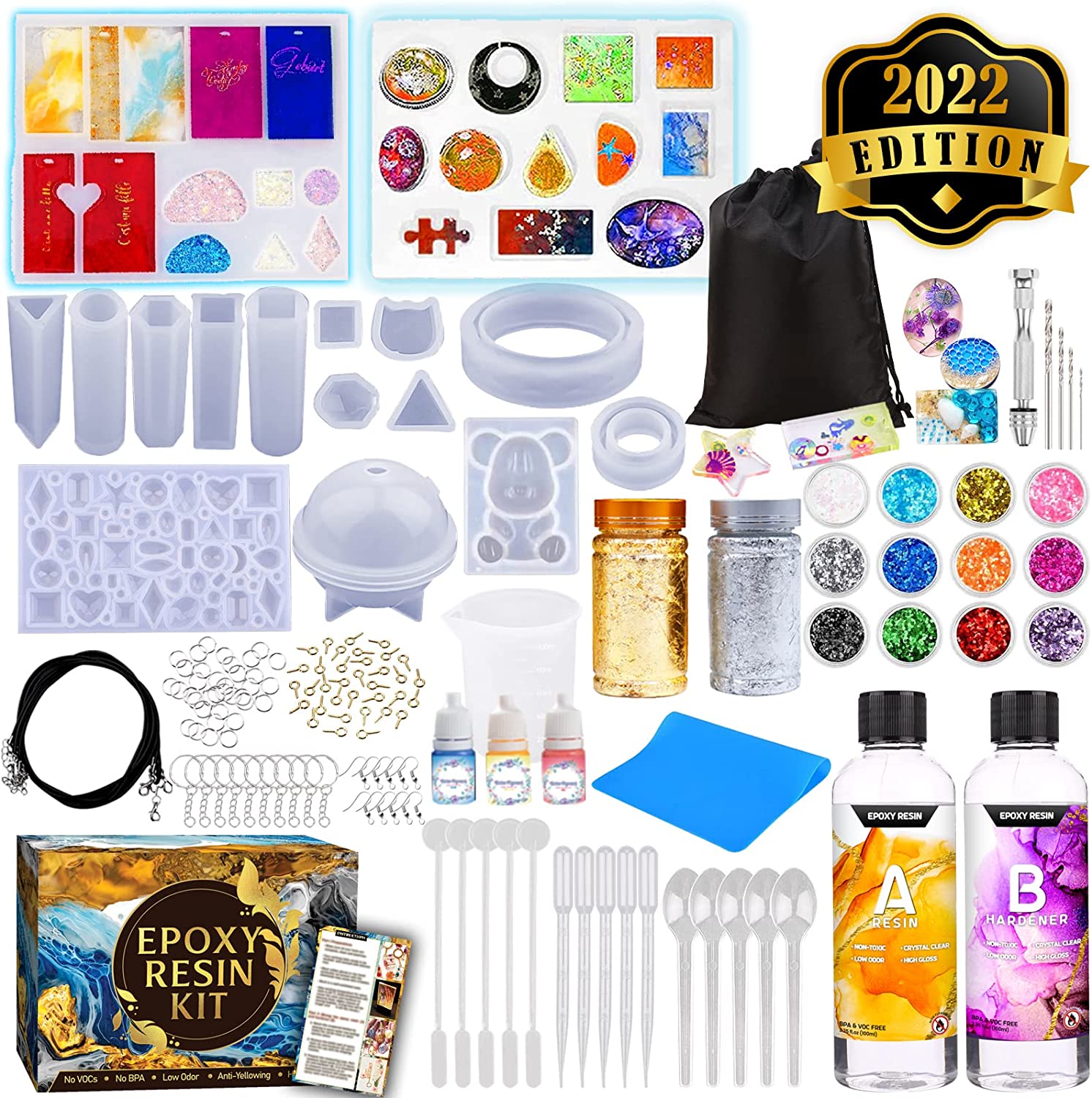 Zoncolor Epoxy Resin Silicone Molds Starter Kit - All in One Office Home Decor Art Clear Craft Jewelry Making Kit with Storage Bag Plastic Spoons Gold Foil Flakes Keychain Necklace Supplies Beginners