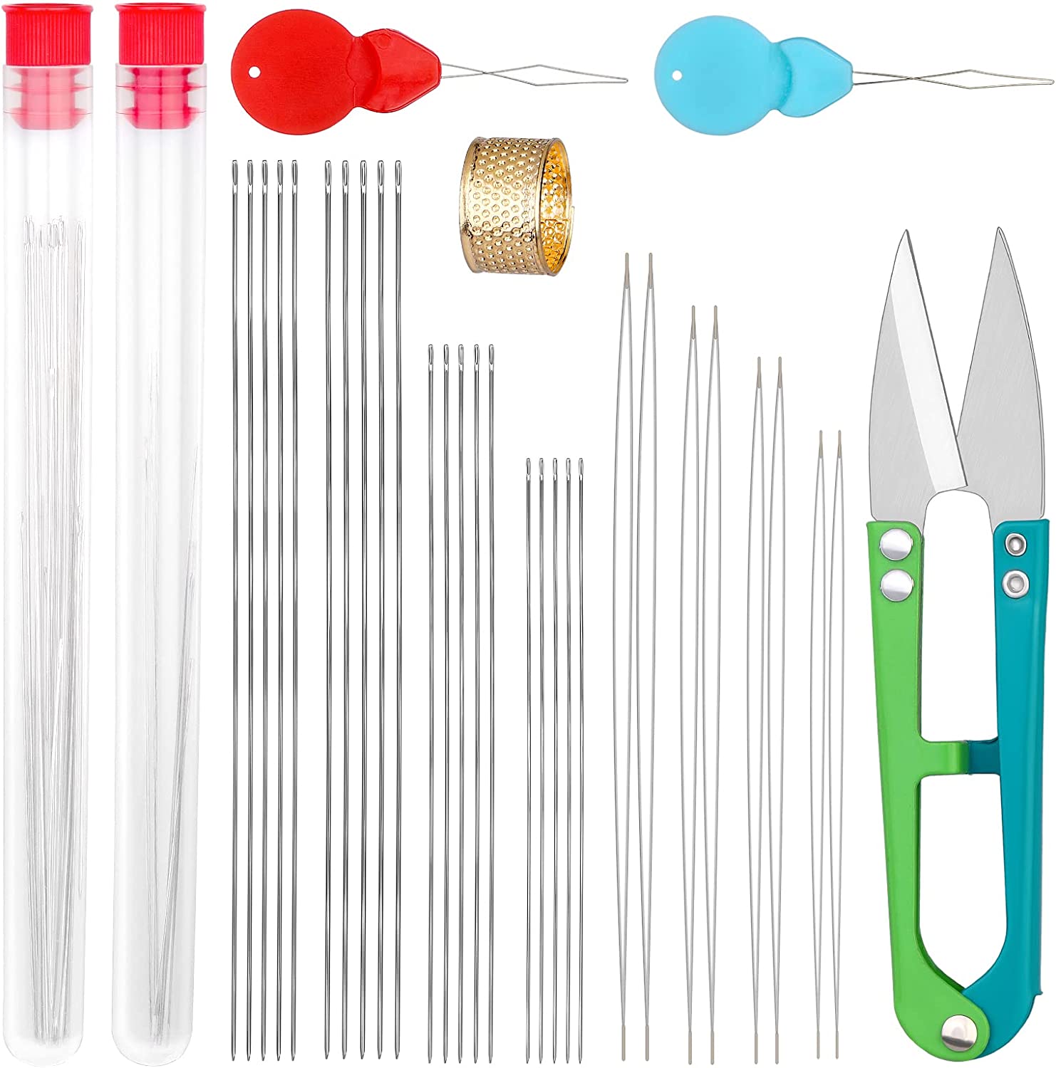 UOOU 28 Pcs Beading Needles Set Include 20 Pcs Long Straight Beading Thread Needles + 8 Pcs Big Eye Beading Needles, Embroidery Needles with Needle Bottle, Thimble, Needle Threaders for Jewelry Making