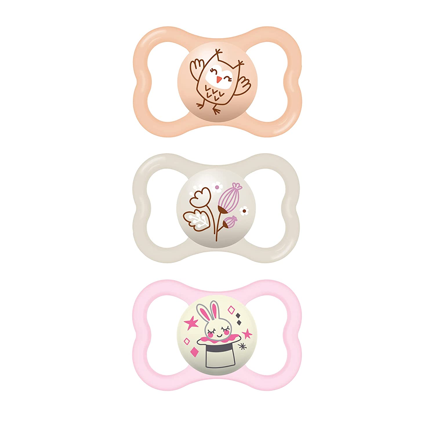 MAM Air Night & Day Baby Pacifier, for Sensitive Skin, Glows in The Dark, 6-16 Months, Girl, 3 Count (Pack of 1)