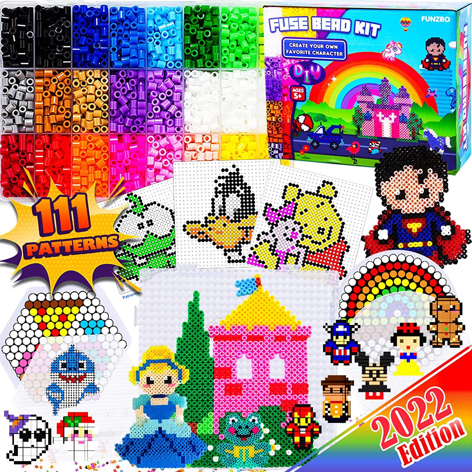 FunzBo Fuse Beads Craft Kit - 111 Patterns Melty Fusion Colored Beads Arts and Crafts Pearler Set for Kids - 5500 5mm Bead 9 pegboards for Boys Girls Age 5 6 7 Classroom Activity Gift (Large)