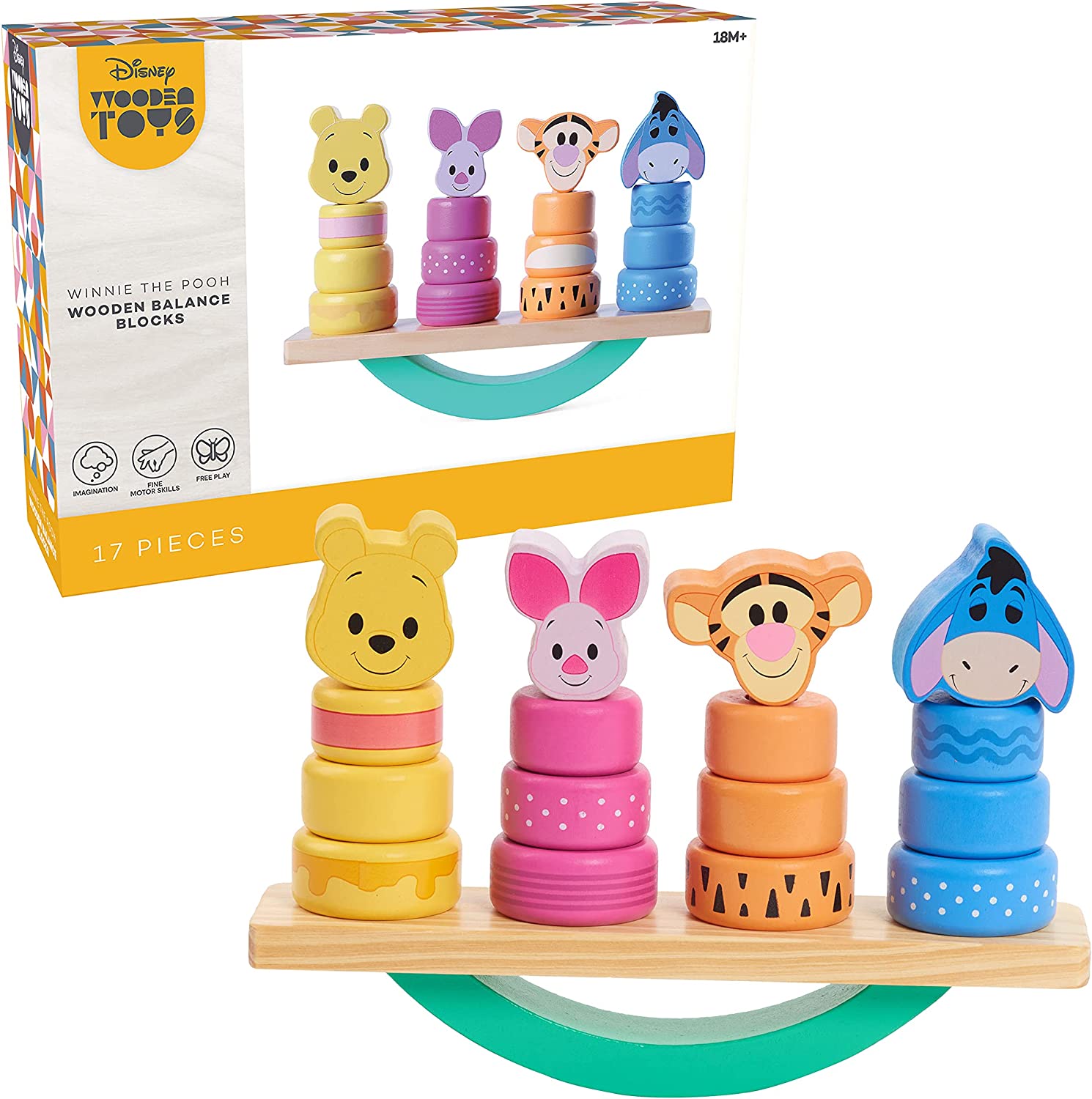 Disney Wooden Toys Winnie the Pooh Balance Blocks, 17-Piece Set Features Winnie the Pooh, Piglet, Tigger, and Eeyore, Amazon Exclusive, by Just Play